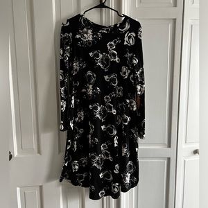 Black Floral Midi Dress with Brown Suede Elbow Patches